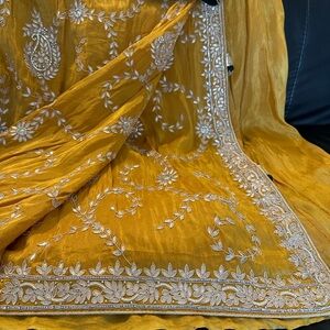 Elegant Gold/ Mustard Saree with Green blouse with full silver work